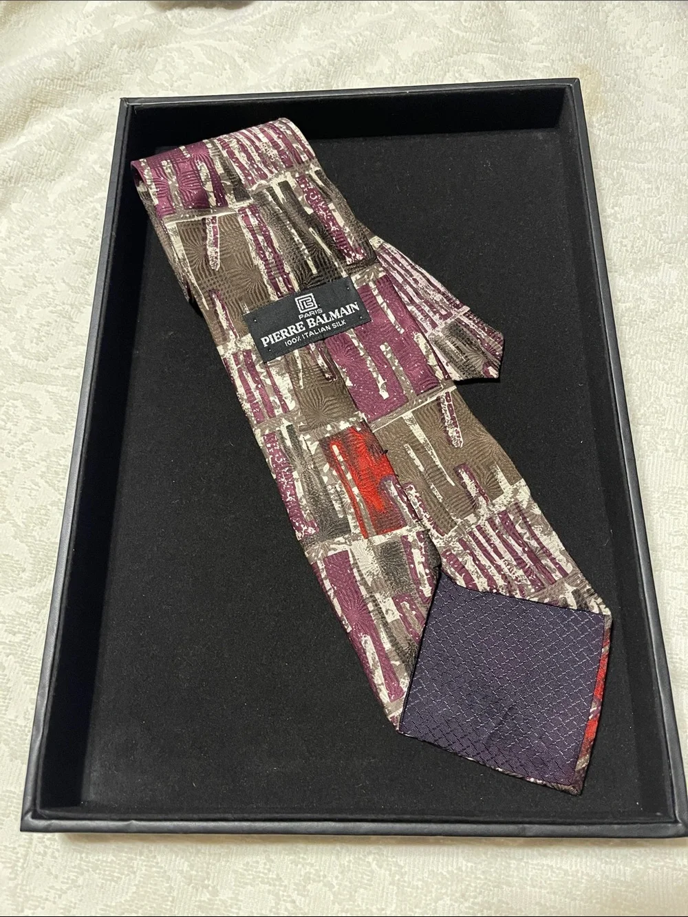 Pierre Balmain Abstract Geometric Silk Tie in Purple, Brown and Red